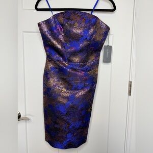 NWT Liv Foster Jacquard Strapless Metallic Mini Dress - Blue - Sample